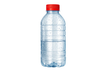 Naklejka premium Plastic water bottle with red cap having refreshing water and condensation drops, transparent background