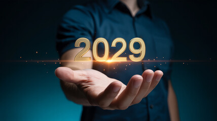 Man holding glowing 2029 in futuristic neon lighting with dark blue gradient background for technology