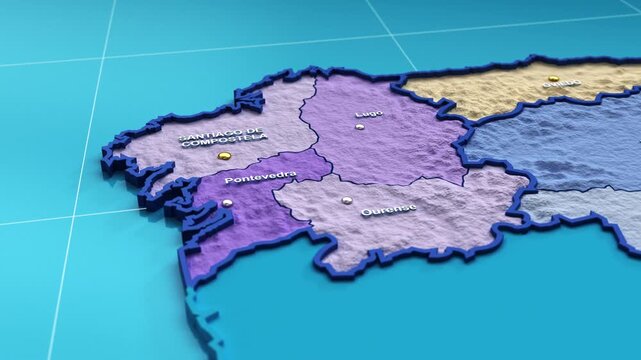 3D animation of a map of Spain zooming into the Galicia region