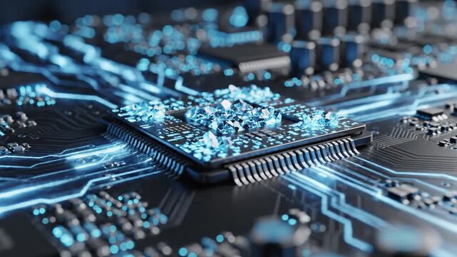Intricate glowing blue circuitry and microchip on a dark motherboard, depicting the core of modern computing, big data analysis, and advanced technological innovation