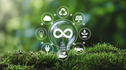 Infinity symbol in lightbulb with eco icons on green moss in soft natural lighting for environmental campaign