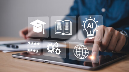 Person using tablet with AI education icons in modern minimalist style with soft blue lighting for online learning platform