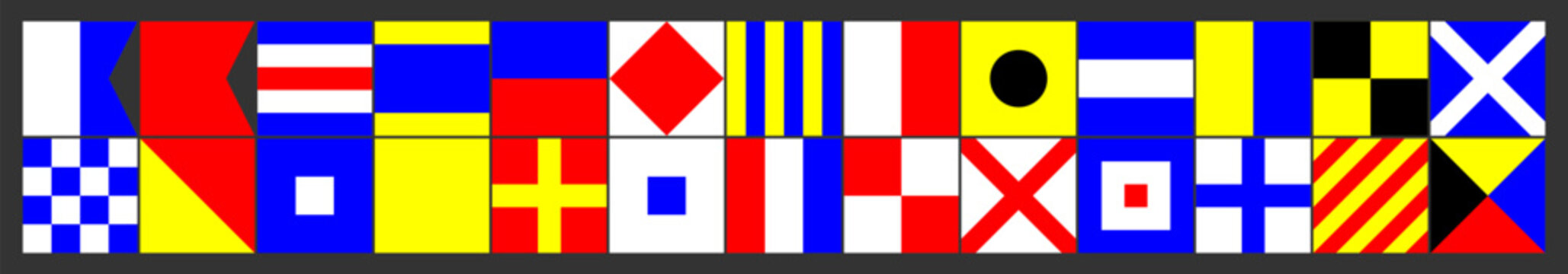 Various international maritime signal flags are arranged in a straight line. Each flag features different colors and shapes, used for communication in nautical settings by ships.