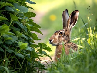 Obraz premium brown hare peeking out from behind green foliage in a natural outdoor setting
