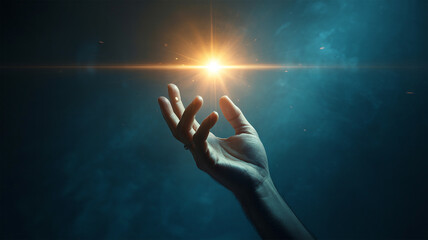 Hand Reaching Towards Shining Light in Mystical Dark Blue Atmosphere with Dramatic Lighting for Spiritual
