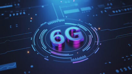 6G Technology Neon Sign in Futuristic Circuit Board with Blue Purple Lighting for Tech Background