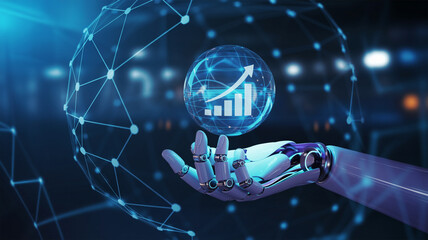 Hand holding glowing orb with rising graph in futuristic network visualization with blue neon lighting for business presentation