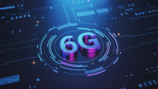 6G Technology Neon Sign in Futuristic Circuit Board with Blue Purple Lighting for Tech Background - Powered by Adobe