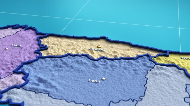 3D animation of a map of Spain zooming into the Asturias region
