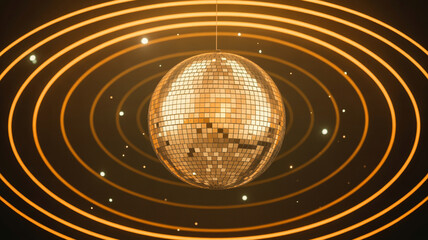 Disco Ball in Retro Style with Golden Lighting on Black Background with Concentric Circles for Party Decoration