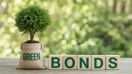 Green Bonds Blocks with Small Tree in Burlap Sack in Soft Focus with Green Foliage Background for Financial Marketing