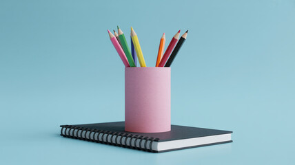 Colored Pencils in Pink Cup on Spiral Notebook in Soft Pastel Lighting for Stationery Advertising