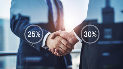 Business handshake in professional attire with percentage icons in modern office lighting for corporate partnership