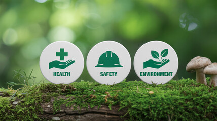 Health Safety Environment Icons on Mossy Wooden Logs with Green Fungi in Soft Natural Lighting for Corporate Branding