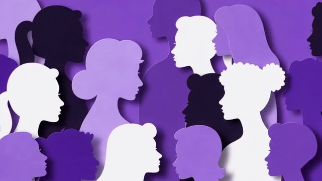 A diverse group of feminine silhouettes in various shades of purple and white, International Women's Day.