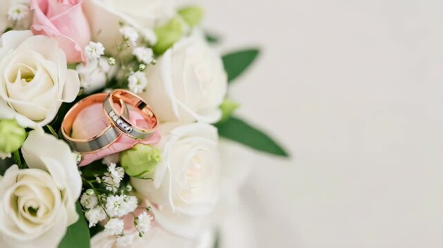 Close up of wedding rings surrounded by white and pink rose flowers, symbolizing marriage, anniversary, or engagement