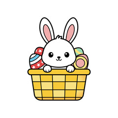 Cute Easter Bunny Peeking from a Basket of Colorful Eggs