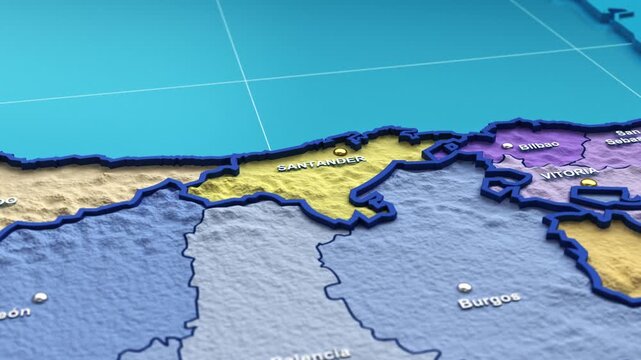3D animation of a map of Spain zooming into the Cantabria region