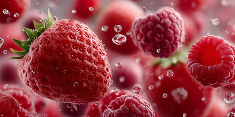 Dynamic fruit explosion with macro water spray, appetizing healthy snack background for food blogs, fitness and wellness campaigns