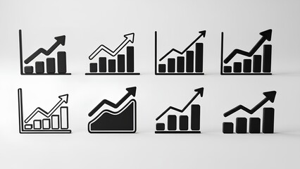 Collection of black and white graph icons showing upward trends on a plain white background from a straightforward viewpoint
