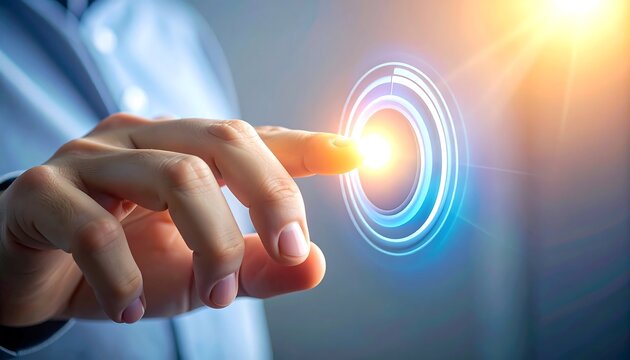 Futuristic touchscreen interaction with glowing digital interface concept - Powered by Adobe