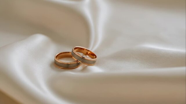 Golden wedding rings on a smooth satin fabric. Marriage symbol for anniversary celebration. Engagement and love concept for couple.