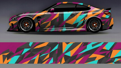 High-performance sports car featuring a vibrant, abstract geometric camouflage vinyl wrap design in orange, teal, and magenta colors. © DB stock