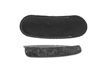 A closed folding knife with a marbled handle and a black leather sheath on a white back