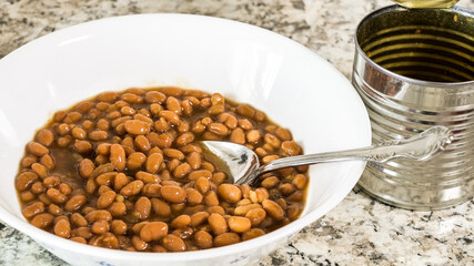 Beans in a bowl with a spoon next to an open can on a kitchen counter