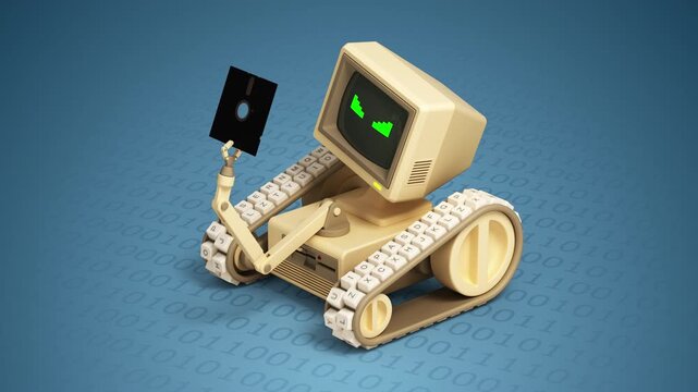 Retro Computer Robot Loading Floppy Disk and System Error Loop Animation