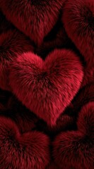 Luxurious dark red fluffy heart shapes create an intensely romantic and passionate background texture