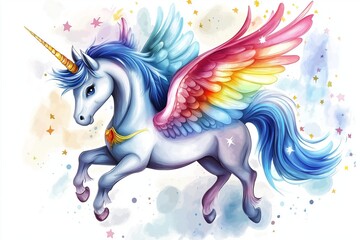 Cute watercolor unicorn on a white background. For printing, design, posters, stickers and postcards.