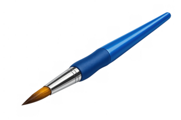 Blue paintbrush for drawing and watercolor painting, featuring synthetic bristles and a sleek, ergonomic handle, isolated on transparent background