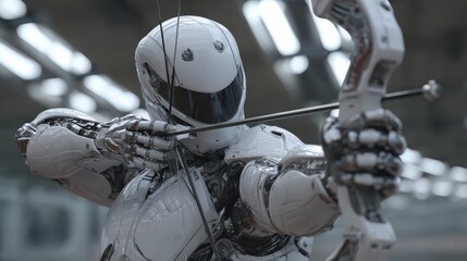 Robot in archer pose, ready to shoot, high-tech environment, realistic textures 