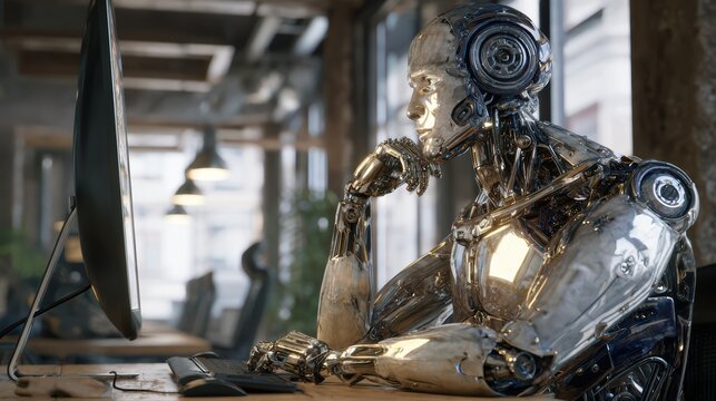 Robot in corporate office environment, using computer, realistic anatomy and metallic reflections