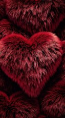 Luxurious deep red faux fur heart texture creates a passionate and vibrant background design