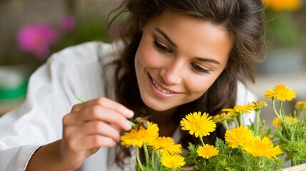 Naklejka premium Smiling Woman Tending to Bright Yellow Flowers in a Garden Setting with Delicate Care