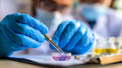 Scientists in laboratory conducting experiments with Petri dish and liquid samples while wearing protective equipment