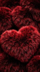Rich crimson red fur heart texture filling the frame suggesting deep romantic love and warmth