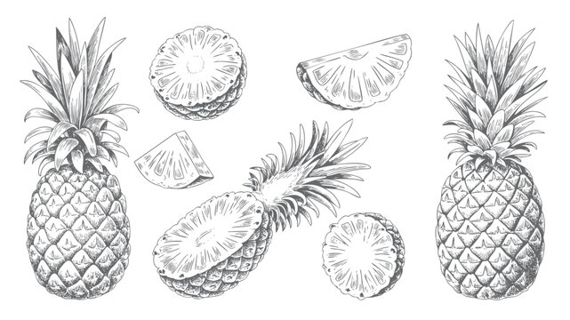 vintage pineapple engraving collection. Retro pineapple line art fruit collection.
