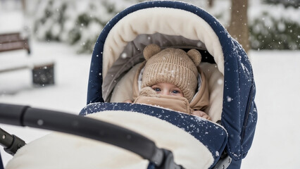Warmly bundled baby in stroller, snowy winter walk, falling snowflakes. Infant baby in stroller, protected from cold for outdoor excursion. Young baby in stroller for family lifestyle blogs.