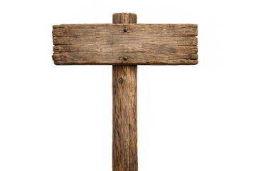 Blank old rustic wooden signpost with faded texture, empty sign board path direction, transparent background