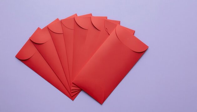 Arrangement of Red Envelopes on a Purple Background for Backgrounds