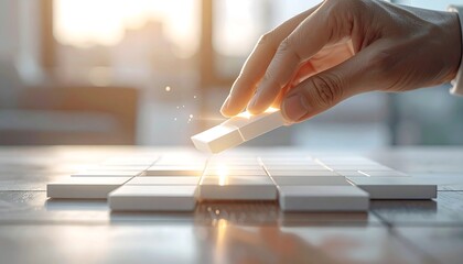 Hand Picking Up a White Rectangular Block from a Grid of Blocks image photo