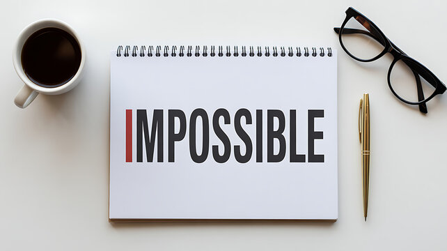 Turning Impossible into Possible: Inspirational Notebook with Motivational Quote, Coffee, Pen, and Glasses on a Clean White Desk. Flat Lay Success Concept. - Powered by Adobe