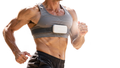 Modern chest patch sensor worn by an athlete jogging outdoors symbolizing active fitness tracking with wireless heart rate transmission to mobile device.