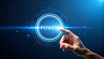 Hand reaching out to press a luminous blue digital power button with a complex technological background