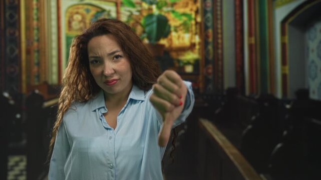 Woman giving thumbs down gesture toward camera in ornate church building nave with pews and painted iconography; disapproval protest.