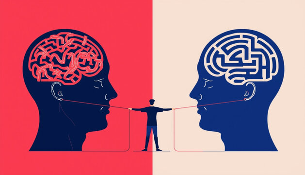 A creative illustration of two people communicating with a maze and brain in their heads mental health