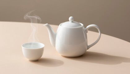Fototapeta premium Elegant Porcelain Teapot with Steaming Cup on Minimalist Table